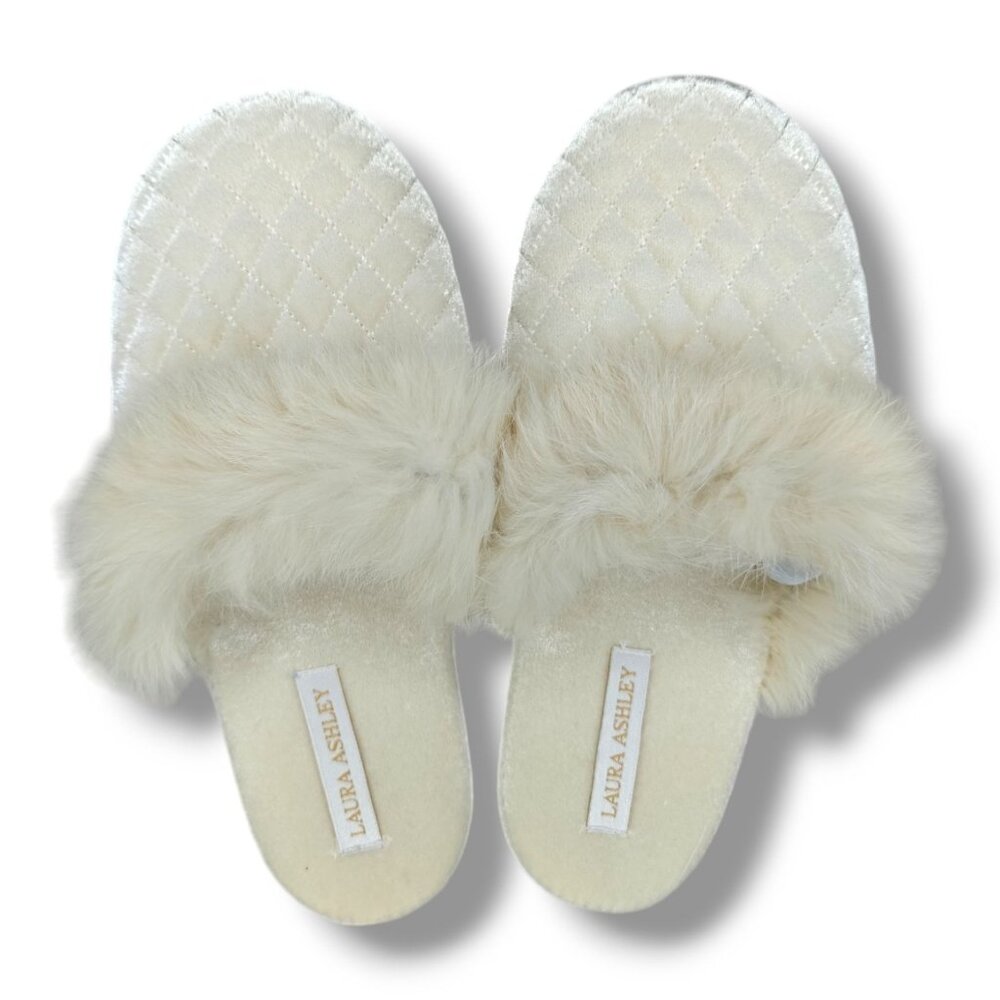 Laura Ashley Womens Quilted Faux Fur Slip-On Slippers NEW